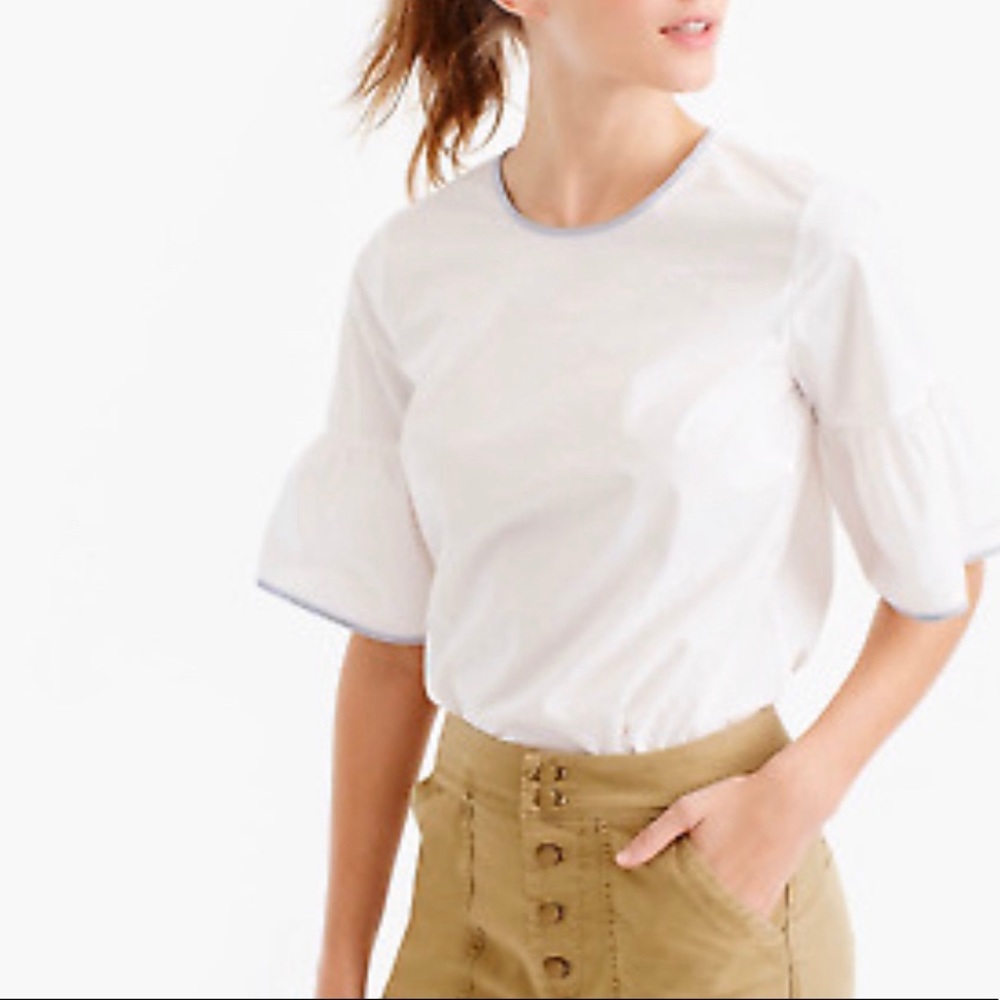 J Crew Button Back Bell Sleeve Tipped Trim Blouse